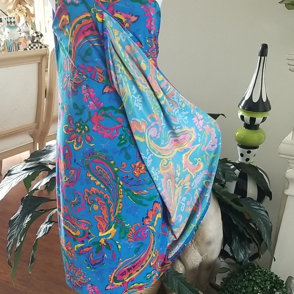Ralph Lauren One-Shoulder Bright Blue Multicolor Paisley Dress - Picture 3 of 5